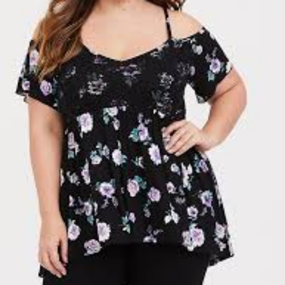 Torrid Black Floral Cold Shoulder Tee